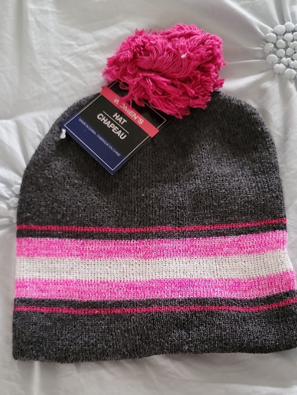 Women's Gray Knit Beanie with Pink Pom and Stripe Accents